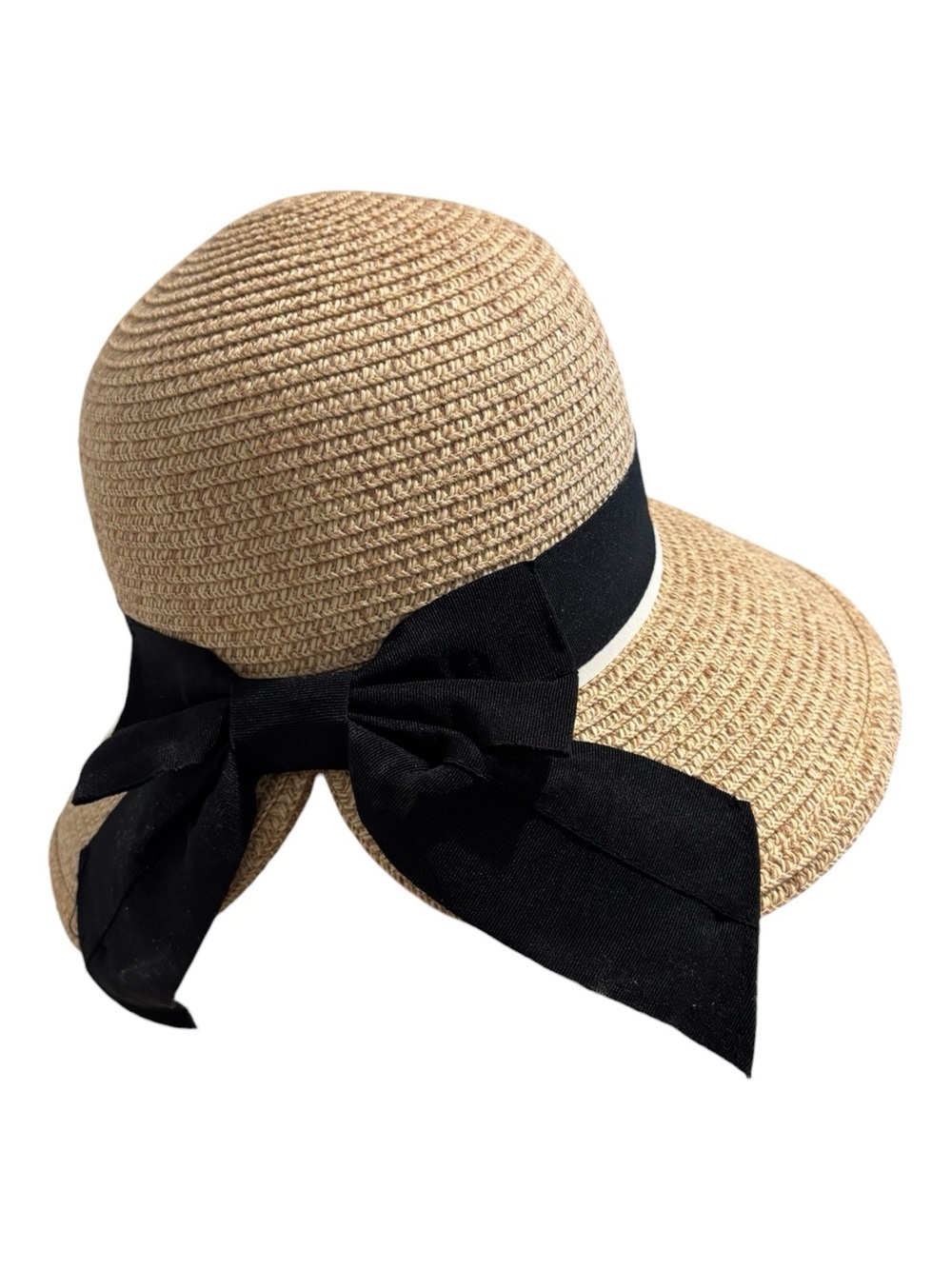 VTG COMHATS WOVEN STRAW SUN HAT BLACK & WHITE GROSGRAIN RIBBON COTTAGECORE SZ 8 - Picture 5 of 8